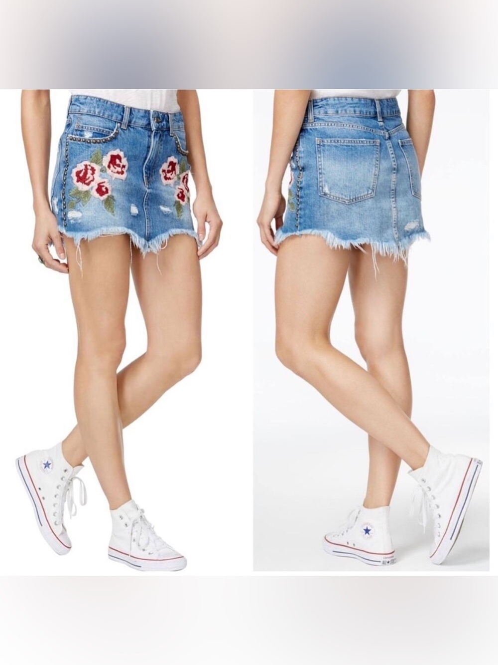 Free People Wild Rose Embroidered Studded Denim Mini Skirt - Picture 6 of 16